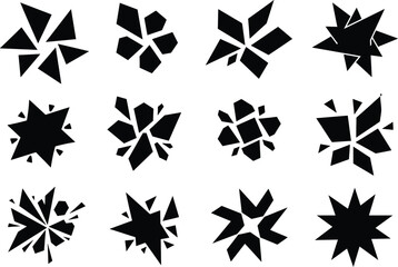 Obraz premium Set of black abstract geometric explosion icons and sharp shattered crystal symbols isolated on a white background for modern creative design projects.