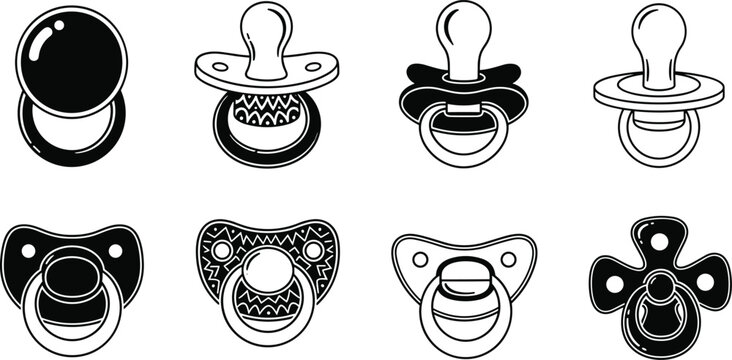 Eight Pacifier Icons Black and White Various Designs vector styles