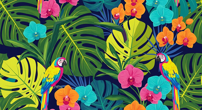 A vibrant illustration of tropical leaves and flowers with colorful parrots