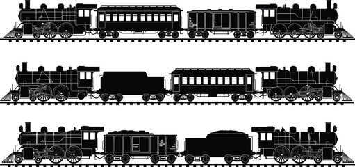 Steam train composition silhouette vector set, black white clipart of locomotives passenger boxcar coal tender railway transport, rail illustration artwork bundle © MSTMONJUARA