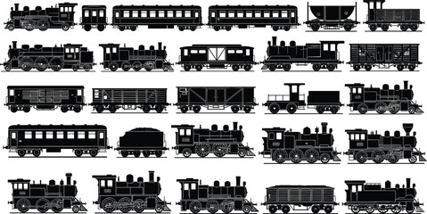 Vintage train silhouette vector set, black white clipart of steam locomotives passenger freight cars railway transport, rail illustration artwork bundle © MSTMONJUARA