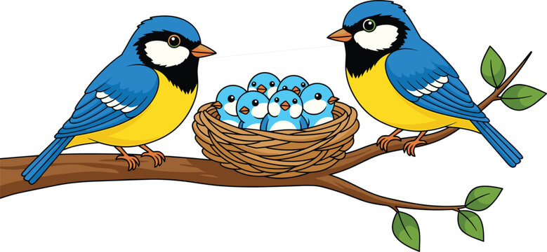 Cute cartoon illustration of two blue tit birds tending to their chicks in a nest on a tree branch, representing family and nature.