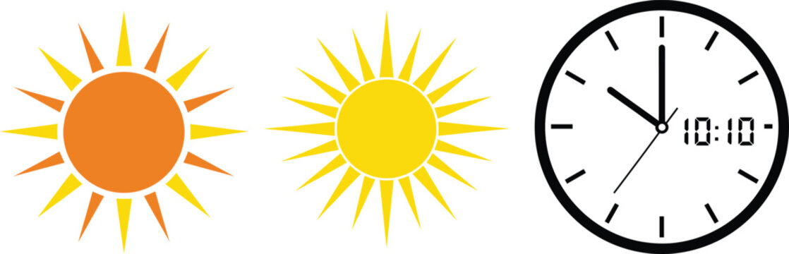 Sun and clock icon set showing daylight time concept for weather schedules and time management design