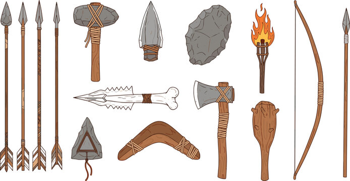 Primitive Stone Age Weapons and Tools Vector Set