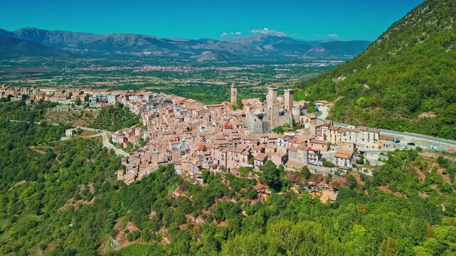 Aerial view of Pacentro medieval village and Caldora Castle in Abruzzo