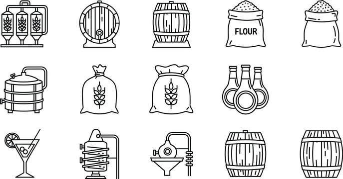 Brewing and Distillery Equipment Line Icon Set Featuring Barrels, Grain Sacks, Fermentation Tanks, and Alcohol Production Tools