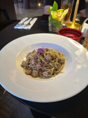 overlay shot of spaghetti with seafood