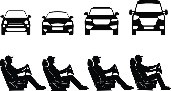 Silhouette of people sitting in a car and different car models