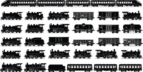 Train silhouette vector set, black white clipart of steam locomotives freight passenger cars high-speed rail, transport illustration artwork bundle © MSTMONJUARA