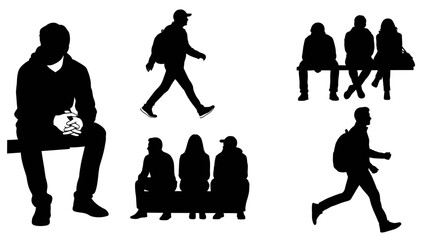 Obraz premium People silhouettes icon collection. Includes sitting, standing, walking, and socializing people. Created in solid black style with white background.