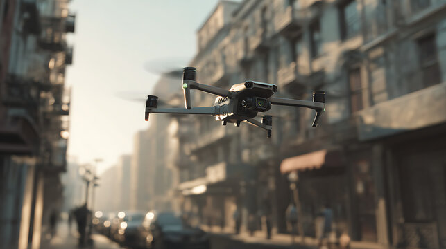 Drone vole dans une rue de la ville pendant la lumi&egrave;re du matin avec des b&acirc;timents en arri&egrave;re-plan