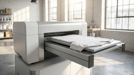 Fototapeta premium Textile printer with white t-shirt loaded for printing in workshop