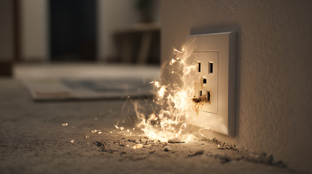 Une prise &eacute;lectrique pr&eacute;sente des &eacute;tincelles et des flammes dans une pi&egrave;ce au sol en b&eacute;ton