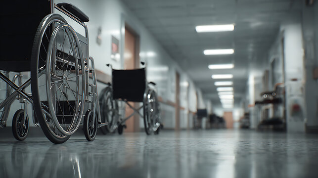 Couloirs d'un h&ocirc;pital avec des fauteuils roulants &agrave; l'heure du matin