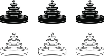 Six Fountain Icons Black and White Multi-Tiered Fountains isolated vector © MDBENJIR