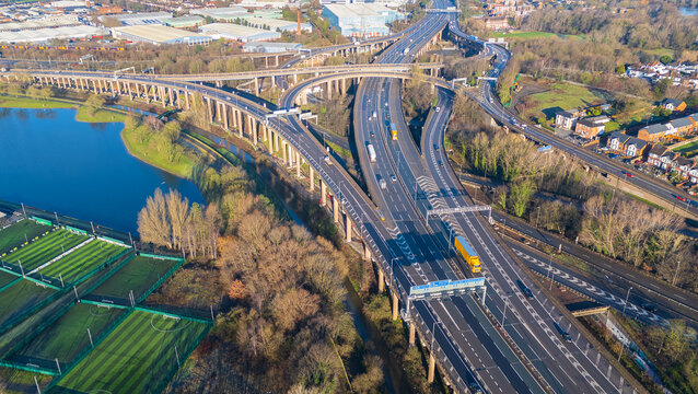 An aerial view of the famous, Spaghetti Junction, in Birmingham, UK.  A normally busy stretch of the M6, here, pictured on a Saturday morning