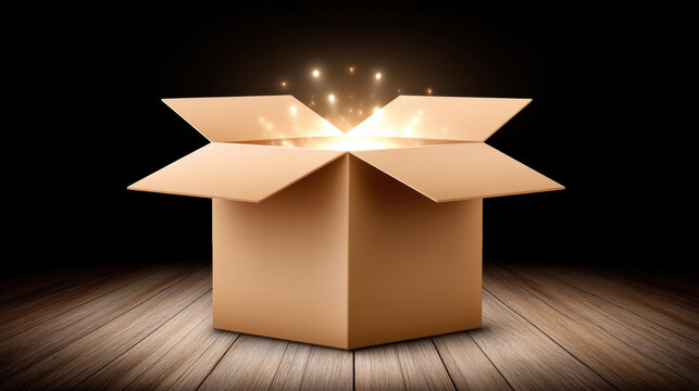 Open cardboard box glowing with sparkles sustainability wonder and warm light
