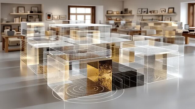 Golden transparent geometric cubes visualize digital data in a glowing grid structure for business technology