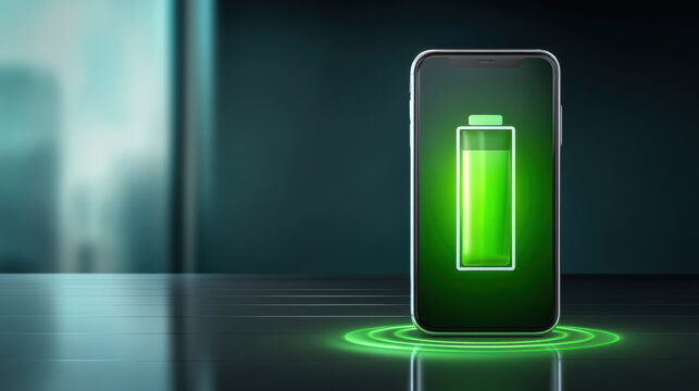 Fully charged smartphone sustainability concept with glowing battery icon and wireless charging