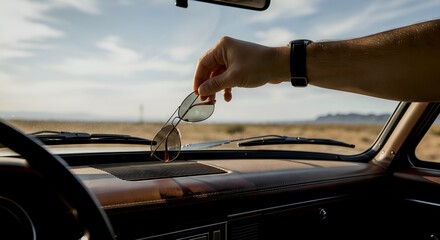 Hand holding sunglasses inside a car with a desert landscape visible through the windshield.