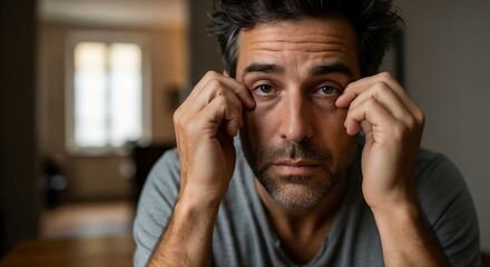 Man rubbing his eyes while sitting indoors looking tired.