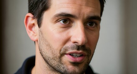 Obraz premium Man speaking with a calm serious expression in soft light.