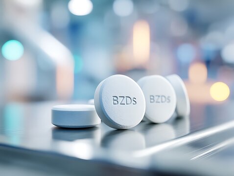 BZDs tablets on a sterile surface with clinical bokeh. Symbolizing anxiety relief, sedative treatment, mental health care, and pharmacology.
