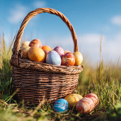 Easter Basket with Colorful Eggs on Grass
