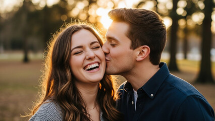 Naklejka premium Joyful Couple Embraces Affectionate Moment, Kissing Outdoors, Sunlight Illuminating Their Happiness.