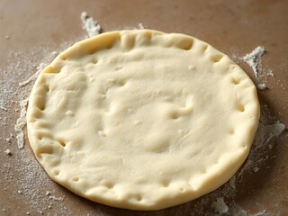 Rolled uncooked dough disc with a soft, yielding texture and a slightly thicker rim, poised for creative culinary application,  pizza base,  neutral