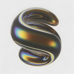 "Iridescent Metallic Torus Knot &mdash; Abstract Floating 3D Sculpture with Oil-Slick Rainbow Reflections on Light Gray Background"
