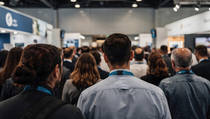 Obraz premium Diverse Crowd Attending Business Conference: Back View of People in a Large Exhibition Hall with Bright Lights for Corporate Events & Networking Opportunities