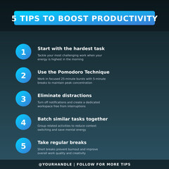  Educational carousel post with 5 numbered tips layout. Dark modern design for how-to guides and tutorials. Fully editable SVG 1080x1080px.