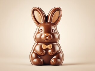 Obraz premium A classic milk chocolate Easter bunny with a gold bow. A symbol of spring holiday traditions and seasonal sweetness.