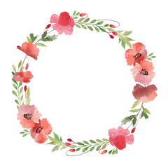 Floral vector illustration. Watercolor botanic wreath with poppies for wedding or greeting card and other. Red flowers.