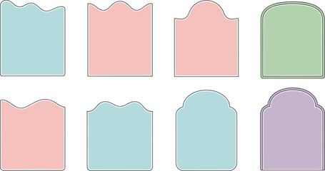 Pastel rounded label tag shape set with decorative frames for stickers packaging branding and modern graphic design