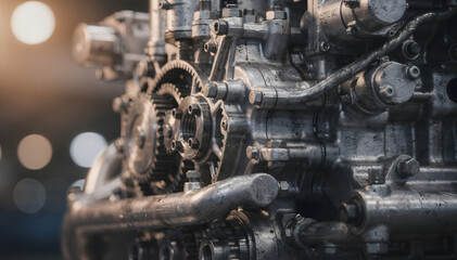 Close-Up of Intricate Mechanical Gears and Metallic Components Assembly, Showcasing Industrial Engineering, Precision, and Complexity of Automotive Machine Technology