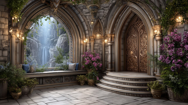 A fantasy castle interior features an  arched window overlooking a mystical waterfall, flanked by bronze doors and floral arrangements.