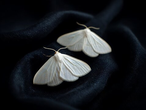 Two delicate white moths resting on soft black textured fabric, symbolizing fragile beauty, contrast, nocturnal elegance, and the duality of light and dark.