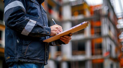 Construction Manager Reviewing Safety Checklist on Clipboard at Job Site