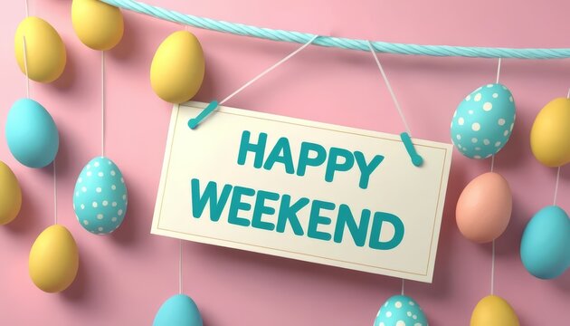 Happy Weekend Sign with Colorful Hanging Easter Eggs on Pink Background