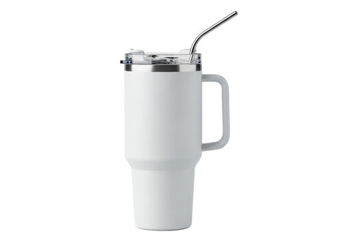 A modern matte white insulated travel tumbler with a steel straw isolated on a transparent background with copy space. Concept for high-end beverage advertising