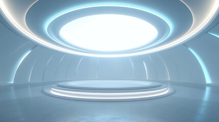 Futuristic, empty, round stage, bright lighting, interior, technology, product display, design, mock up