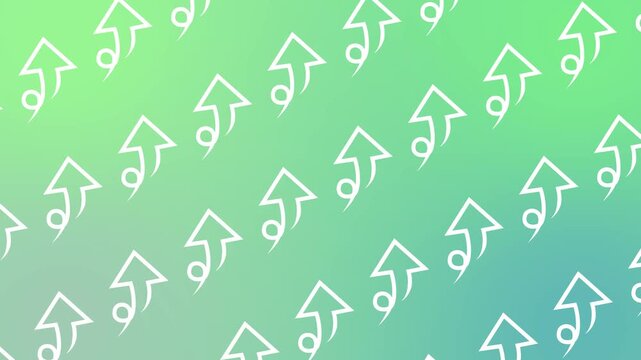 Seamless pattern with white rising arrow icons on a green gradient background animation. Abstract financial growth wallpaper with repeating upward trend performance symbols for business progress.