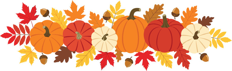 Horizontal autumn border with orange red and white pumpkins colorful maple leaves and acorns isolated on white background for Thanksgiving and fall season design. © Khairun