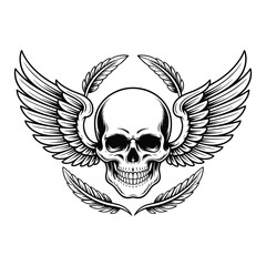 Stylized black and white illustration of a human skull with feathered wings and leaf elements isolated on transparent background