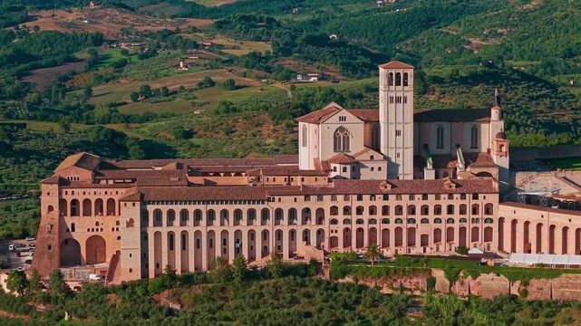 Aerial view of historic Assisi and Basilica of Saint Francis