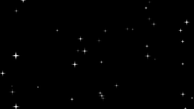 A field of animated white sparkling star shapes against a black backdrop stars sparkle, White Stars and Cross Shapes Scattered Across a Dark Black Space Background. White star with black background.