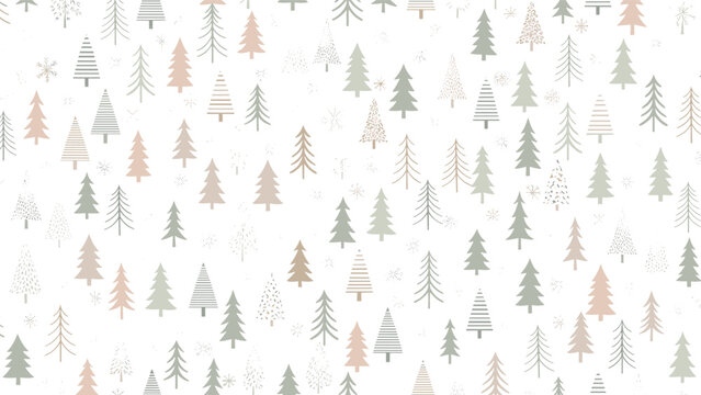 Decorative pattern of various stylized pine and fir trees in muted shades of green and brown for winter and forest themed backgrounds.