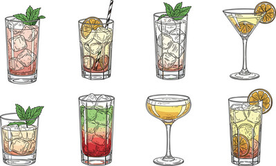 Hand drawn vector set of tropical summer cocktails with ice cubes mint leaves and citrus slices isolated on white background for restaurant menu design © Khairun